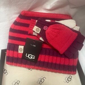 NEW IN BOX. Kids UGG Pink and Purple Knit Beanie and Gloves Set
